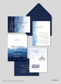 the wedding stationery suite is shown in navy blue and white with watercolor details