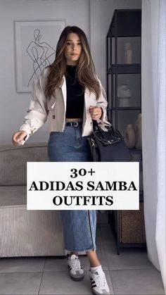 Samba With Skirt, Jeans And Adidas Sneakers Outfit, Adidas Samba Outfit Women Autumn, Adidas Sneakers Outfit, Adidas Samba Women, Adidas Samba Outfits, Samba Outfit Ideas, Samba White, Samba Outfits