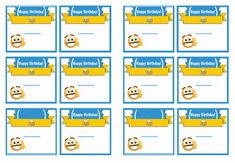 a blue and yellow emoticive name tags with smiley faces