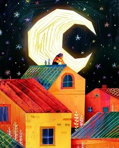 a painting of houses and a full moon in the night sky with stars around them