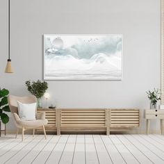 a living room with white walls and wooden furniture in front of a painting on the wall