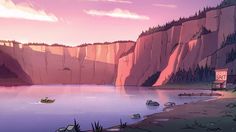 an animated scene of a lake with boats in the water and cliffs on either side