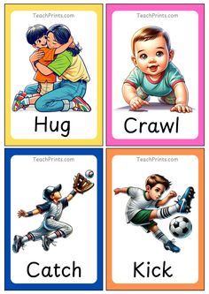 four cards with different pictures of children playing soccer and baseball, one has the word hug crawl on it