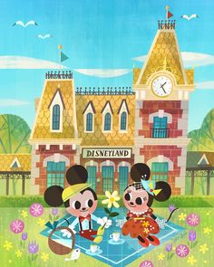 mickey and minnie mouse in front of a building with flowers on the ground near by