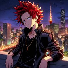 a man with red hair sitting on top of a building next to a city at night