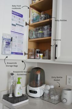 the contents of a kitchen cupboard are labeled