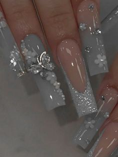 Nails Ideas For Quinceanera, Birthday Nails With Butterflies, Acrylic Nails Coffin With Charms, Indian Nails Wedding, Milky Grey Nails, Acrylic Nails Coffin Blue, Nails Design Y2k, January Birthday Nails, Nail Ideas Birthday