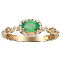 Stunning, timeless and classy eternity Unique Ring. Decorate yourself in luxury with this Gin & Grace Ring. The 14K Yellow Gold jewelry boasts with Oval-cut 1 pcs 0.41 carat Emerald and Natural Round-cut white Diamond (22 Pcs) 0.20 Carat accent stones for a lovely design. This Ring is weight 1.84 grams. Crafted with 14K Yellow Gold, this delicate Ring is polished to a high finish shine. 5 Carat Ring, Emerald Diamond Ring, Opal Ring Gold, Zambian Emerald, Yellow Gold Jewelry, Jewelry For Her, Delicate Rings, Emerald Ring, Jewelry Rings Engagement