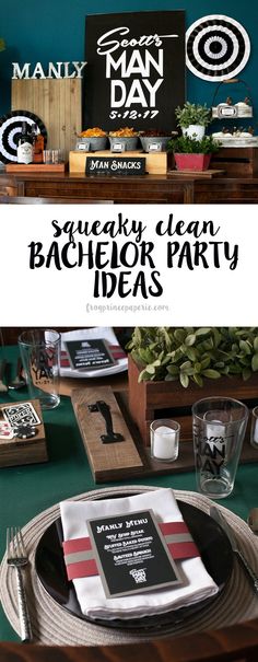 a party table with plates and napkins on it that says sugary clean bachelor party ideas