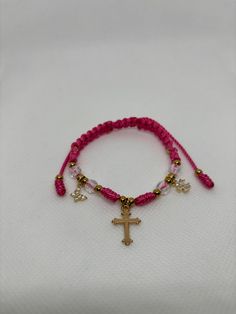 Check out my shop for more handmade bracelets 🧵💕 Stainless steel gold plated spacer beads with gold plated charms Birthday Gift For Friend, Yarn Bracelets, Bracelet Craft, Pink Cross, Bracelet Craft Diy, Gift For Her Birthday, Cross Bracelet, Bracelet Crafts, Gift For Friend