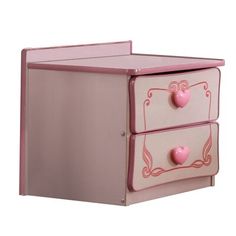 a pink chest with two drawers and hearts painted on the front, sitting against a white background