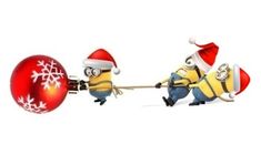 two minion characters are pulling a christmas ornament on a string with snowflakes