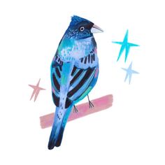 a blue bird sitting on top of a tree branch next to star shaped stars in the sky