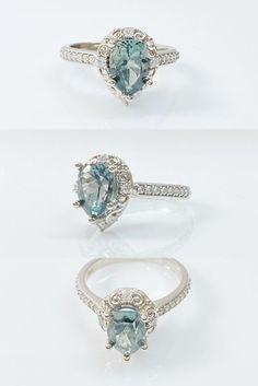 three different views of an engagement ring with blue topazte and diamond accents on each side