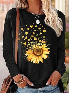 Round crew neck flower printed sweatshirt on Lilicloth. Fit for Valentine's day outfits. Tshirt Outfits Women, Text Letters, Sunflower Print, Weekend Style, Green Rose, Tshirt Outfits, Bra And Panty Sets, Evening Dresses Long, Top Casual