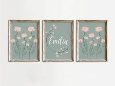 three framed art pieces with flowers on them