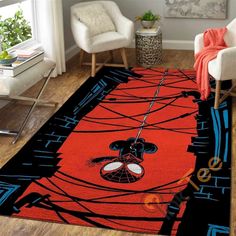 a living room with a spider man rug on the floor