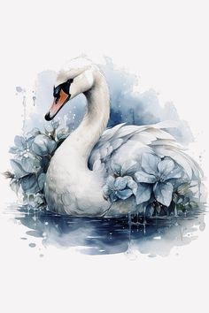 a watercolor painting of a white swan with blue flowers