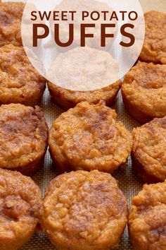 sweet potato puffs on a baking sheet with the words sweet potato puffs above them