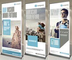 three roll up banners with different images on them