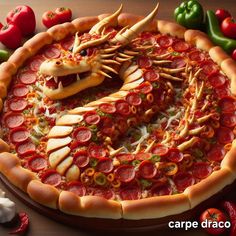 a pizza with pepperoni, cheese and other toppings on the table next to peppers