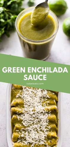 green enchilada sauce in a glass container with a spoon next to it