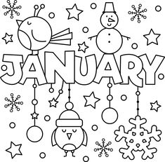 the word january is surrounded by snowflakes, stars and other holiday decorations on a white background