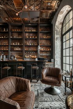 a bar with leather chairs and shelves filled with bottles