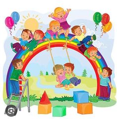 children are playing on the rainbow with balloons