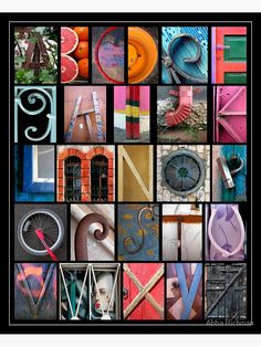 a collage of letters and numbers made up of different colors, shapes and sizes