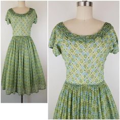 Lovely green fit and flare dress from the late 40s I think (from the zipper).  It has cute gathering around the neck line.  Skirt is fully gathered at waist.  Dress goes over the head and closes with a 11 inch 'Talon' brand green metal zipper on the side.  The bodice is fully lined, but the skirt is not and the fabric is semi sheer so it may require a petticoat underneath (last photo I tried to show my hand thru the fabric.  Photographed with white crinoline underneath).  Nice construction of th Green Fit And Flare Dress, Dresses 40s, Green Fits, Cotton Dress Summer, 60s Dress, 1950s Dress, Beautiful Skirts, 50s Fashion, Dress Small