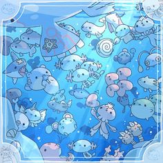 an image of a group of fish swimming in the ocean with blue water and bubbles