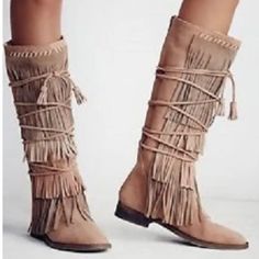 Free People: Faryl Robin Madge Songbird Fringe Boot Tan Taupe 8 Us Msrp $328 Lightly Worn, In Great Shape! Flat Suede Boots For Spring, Bohemian Fall Boots With Flat Heel, Bohemian Closed Toe Boots For Spring, Bohemian Boots With Flat Heel For Festival, Summer Bohemian Boots With Pointed Toe, Bohemian Lace-up Boots For Spring, Spring Bohemian Lace-up Boots, Spring Bohemian Suede Boots, Bohemian Suede Boots With Round Toe