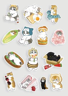 various stickers with cats and food on them