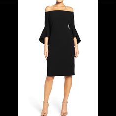 A Trendy Off-The-Shoulder Neckline And Voluminous Bell Sleeves Give This Crisp Crepe Dress Its Dramatic Impact. - Off-The-Shoulder Neck - 3/4 Length Sleeves - Back Zip Closure - Partially Lined - Approx. 36" Center Front Length Brand New Size 4, 6 Available Yb3 Chic Cold Shoulder Formal Dress, Chic Formal Cold Shoulder Dress, Elegant Cold Shoulder Midi Dress For Formal Occasions, Elegant Cold Shoulder Midi Dress For Evening, Elegant Summer Off-shoulder Dress With Boat Neck, Elegant Off Shoulder Boat Neck Dress For Summer, Elegant Cold Shoulder Midi Dress For Night Out, Elegant Boat Neck Dress For Date Night, Summer Formal Off Shoulder Boat Neck Dress