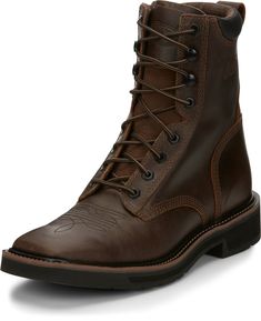 Long work days are a little easier to handle in the 8" tall Pulley Men's lace-up work boot. Its classic roper design features a rugged brown leather exterior that not only has a vintage feel, its built to last. The square toe provides a relaxed fit and the J-Flex Comfort System® adds cushion and support for a layer of comfort no matter how tough the job. Details Material: Cowhide Toe Shape: Square Heel: Walking/Block Outsole: Non-Leather Brown Steel Toe Moc Toe Combat Boots, Brown Moc Toe Combat Boots With Steel Toe, Western Style Work Boots With Reinforced Toe, Western Style Lace-up Work Boots With Reinforced Toe, Brown Lace-up Boots With Reinforced Toe, Western Steel Toe Lace-up Boots, Western Style Steel Toe Lace-up Boots, Western Style Lace-up Steel Toe Boots, Western Style Lace-up Boots With Steel Toe