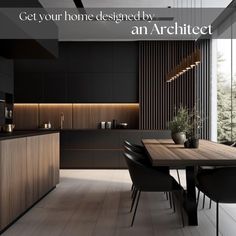 an image of a modern kitchen setting with black and wood accents on the countertops