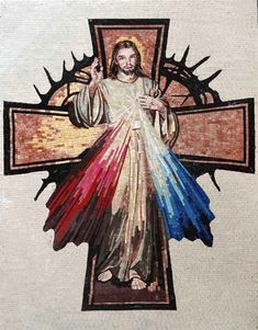 a painting of jesus holding the cross with his hands