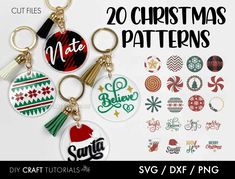 20 christmas pattern keychains with different designs and font on the front, in various colors