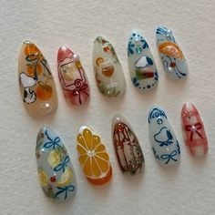 10Pcs Press On Nails Cute Style Handmade Hot INS Y2K 3D Medium Almond Fake Nails Reusable Full Summer Nails Press On, Nail Press On Designs, Italian Summer Nails, Peanuts Nails, Nails Press On, Shrimp Nails, Snoopy Nail Art, Italian Nails, Nail Art Trending