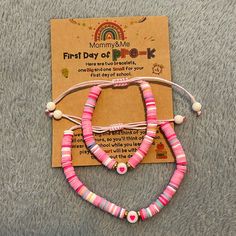 Adjustable Bracelet Set With First Day Of Pre-K Card! One Larger Bracelet For Mom, And A Smaller Bracelet For The New Student! Bracelets Are Very Colorful With Heart Beads At The Center. Brand New! Never Worn! First Day Of School Bracelet, First Day Of Pre K, Bracelet For Mom, New Student, Kids Accessories Jewelry, Large Bracelet, Small Bracelets, New Students, Heart Beads