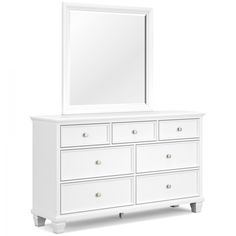 a white dresser with a mirror on top and drawers below it, in front of a white background