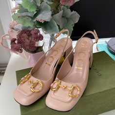 Gucci Mid Heel Slingback With Horsebit. Size 36.5 Description States Color Is Pink Beige But Looks More Of A Vanilla Beige Color. Now Retails For $920 At Gucci Store. Used 2x. Please Review Pictures And Description Closely. Light Scuff Marks On Heels. Gold Accent On Inner Heel. Heel Is 3”. Selling Because Its A Little Too Big For My Feet. Have Receipt, Box And Shoebag. Stile Hijab, Chunky Heel Shoes, Chic Shoes, Women Slippers, Fancy Shoes, Aesthetic Shoes, Pretty Shoes, Dream Shoes, Gucci Shoes