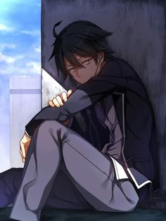 an anime character sitting on the ground with his hand under his chin and looking down