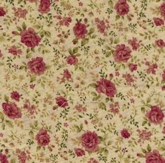 a white and red flowered fabric with green leaves on the bottom, pink flowers on the top