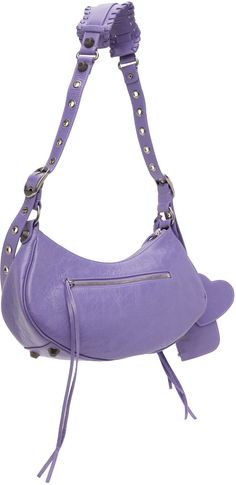 Crinkled Arena lambskin shoulder bag in purple. Studs, pin-buckle straps, and gathering at face. · Pin-buckle shoulder strap · Detachable zip pouch at shoulder strap · Detachable mirror · Zip pocket at face and back face · Bumper studs at base · Zip closure · Zip pocket at interior · Cotton canvas lining · Antiqued silver-tone hardware · H6 x W13 x D3.5 in Supplier color: Mauve Purple Shoulder Bag With Silver-tone Hardware For Evening, Purple Leather Shoulder Bag With Adjustable Strap, Purple Shoulder Bag With Adjustable Strap For Evening, Purple Evening Shoulder Bag With Adjustable Strap, Purple Baguette Shoulder Bag, Luxury Purple Shoulder Bag With Adjustable Strap, Purple Satchel Shoulder Bag With Detachable Strap, Purple Shoulder Bag With Adjustable Strap And Double Handle, Zip Pouch