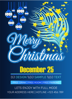 merry christmas flyer with blue and yellow stars on the tree, hanging ornaments and snowflakes