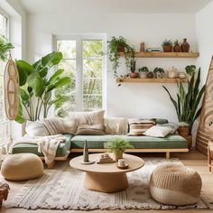 a living room filled with lots of plants and furniture