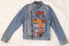 Patched Denim / Hand Reworked Vintage Biker Jean Jacket with | Etsy Fitted Graphic Print Biker Jacket, Fitted Biker Jacket With Graphic Print, Fitted Casual Biker Jacket With Graphic Print, Casual Fitted Biker Jacket With Graphic Print, Biker Denim Jacket, Patched Pants, Denim Jacket With Patches, Pants Diy, Jacket With Patches