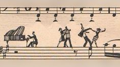 an artistic drawing of people dancing around a piano